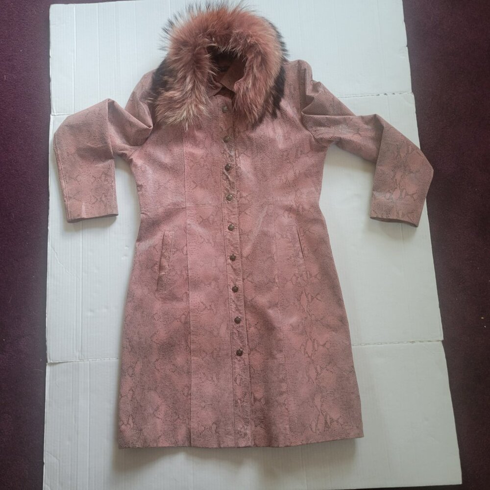 Bisou Bisou Pink Leather Coat with Attached Boa, Size Large, Vintage - Picture 11 of 11